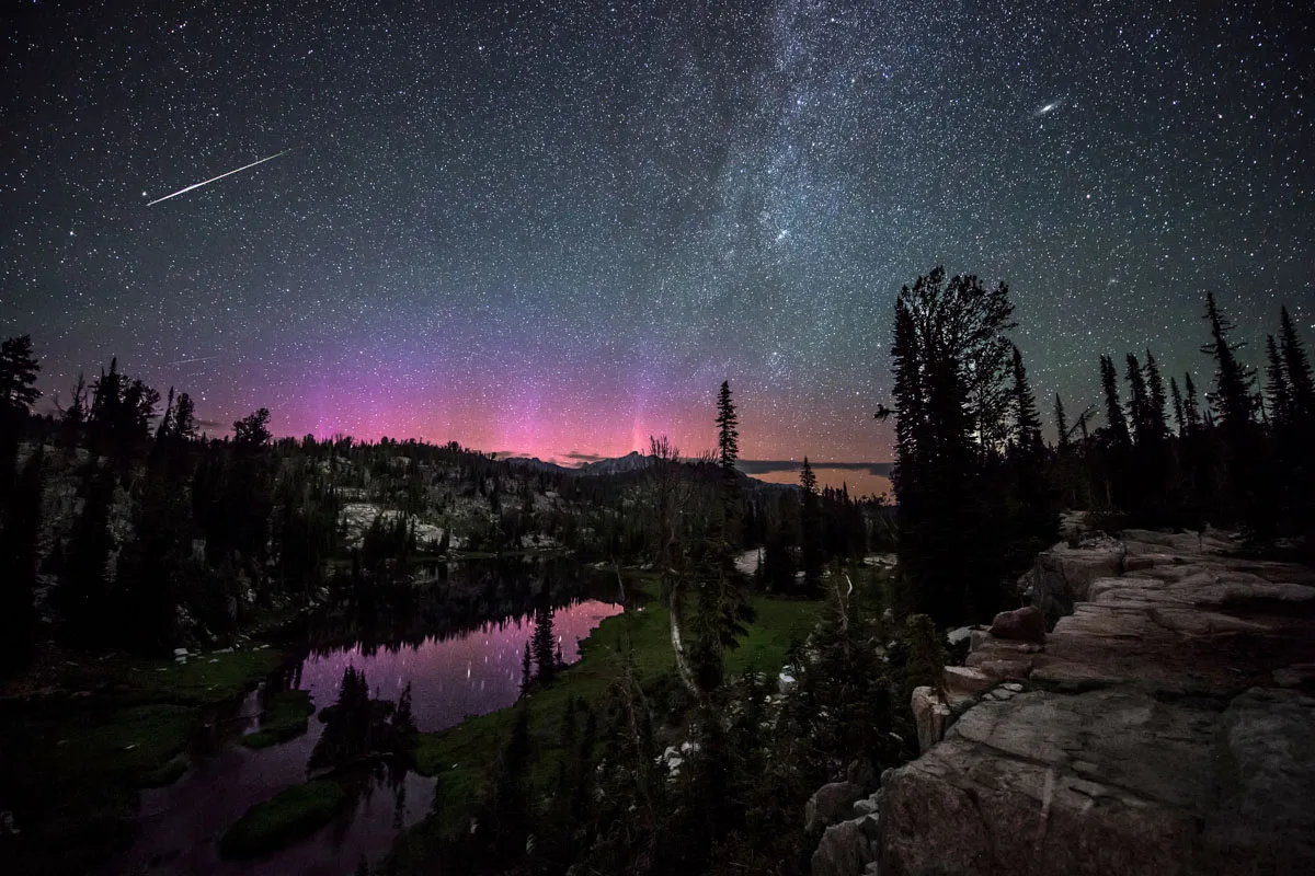 An extremely, rare appearance of the aurora borealis in Eagle Cap wilderness located in Northeast Oregon. You can also see the Milky Way, the Andromeda Galaxy, and the north star, Polaris with a Perseid Meteor.
