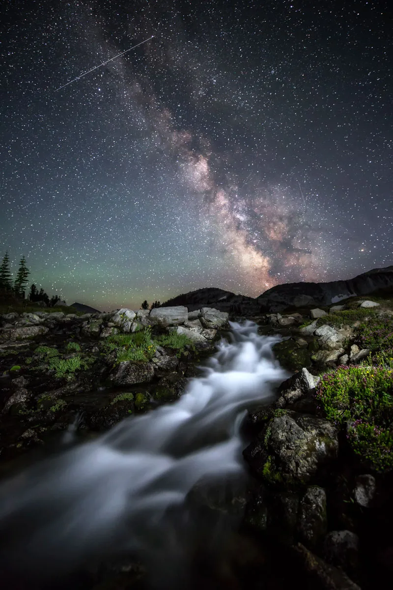 A waterfall formed by Glacier Lake flows with the Milky Way and small wildflowers in Eagle Cap Wilderness near Joseph, Oregon.