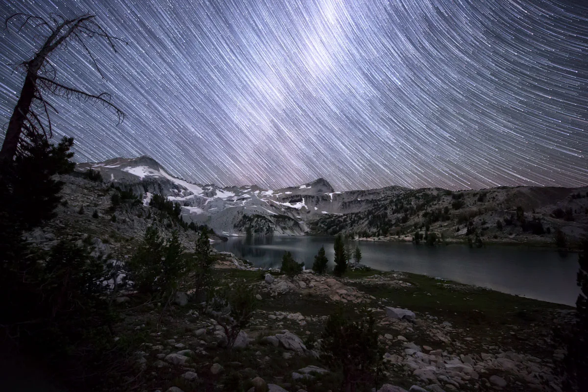 Star trails over Glacier Lake taken in Eagle Cap Wilderness in Northeast Oregon located in the Wallowa Mountain Range.