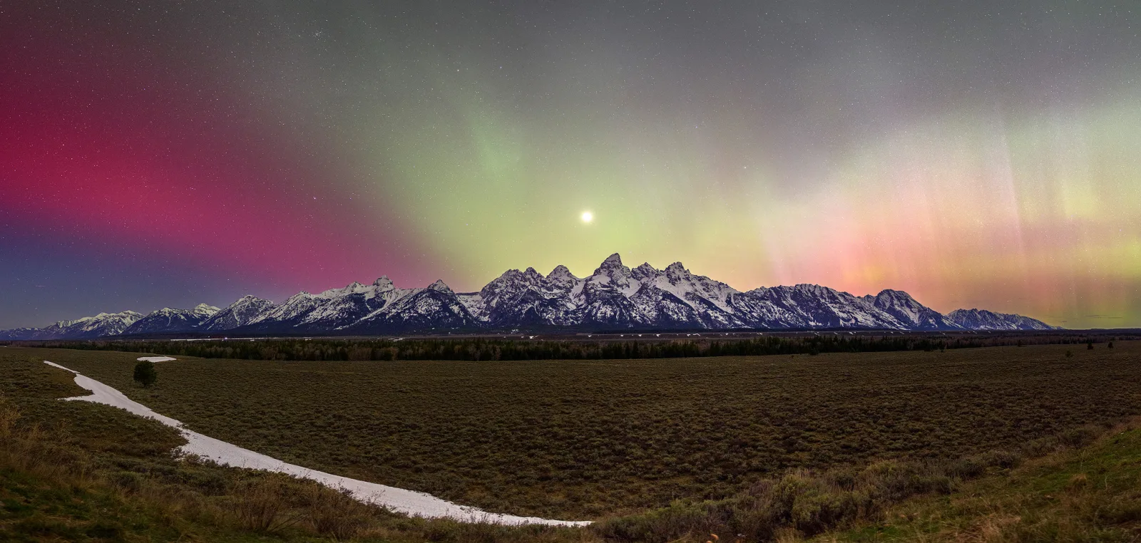 A panorama of the Aurora Borealis taken in Grand Teton National Park.