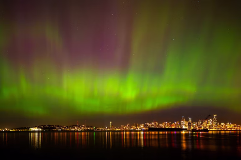 The aurora borealis makes a surprise appearance over Seattle, Washington.
