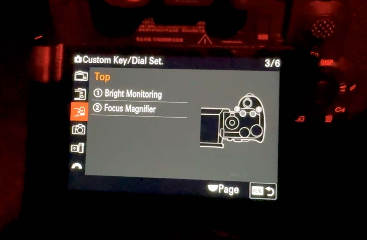 Sony a1 II Custom Key/Dial Set. menu with Bright Monitoring and Focus Magnifier on the top buttons