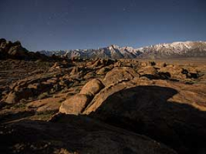 5K time-lapse video clip of the Milky Way and rising Moon over the Alabama Hills in Central California.